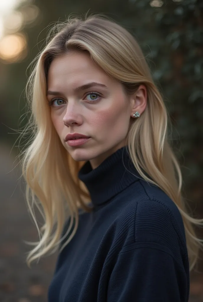 create a realistic girl with thick blond hair with an oval face without a dimple on her chin, an appearance similar to that of Norway with kind eyes. Pretty not very thin sits in a quiet evening rectorate dressed in a dark blue sweater take a profile photo...