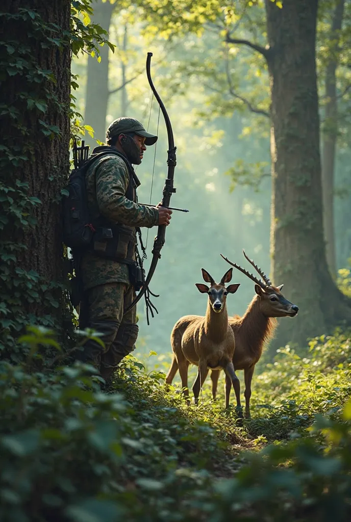 "A dangerous hunter hiding behind a tree in the forest, holding a bow and arrow. The deer and goat stand together, looking alert and ready to escape."