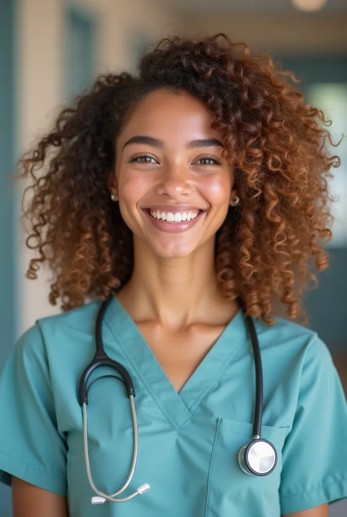 young brunette nurse laughing curly hair