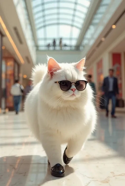 A beautiful white cat wearing black sunglasses and heels and walking in shopping mall