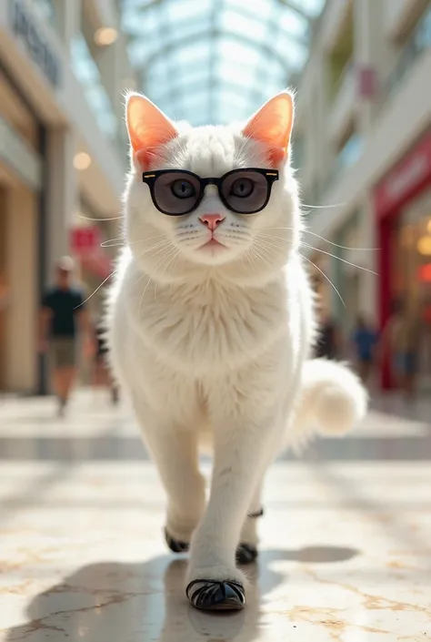 A beautiful white cat wearing black sunglasses and heels and walking in shopping mall