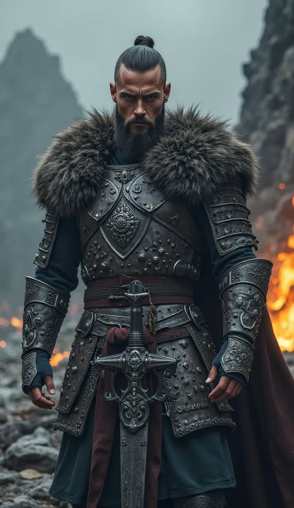 Create a Viking warrior, portant une armure, very beautiful and attractive, Résolution 8k, meilleure qualité, un jeune homme de vingt-cinq ans, roi viking, guerrier, incroyablement beau, Aura mystérieuse, très grand, musclé mais svelte, des cheveux noirs r...