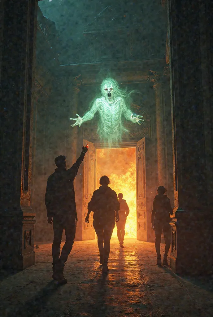 3d "The Escape:
Back in the present, one of the young men holds up a glowing holy locket, and the ghost screams in agony. Her form starts dissolving into a swirl of mist and fire, disappearing into the darkness. The grand door of the mansion bursts open, a...