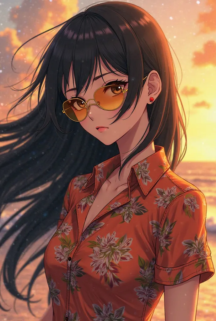 "A beautiful anime girl with long, silky black hair flowing in the wind, wearing golden sunglasses that reflect the sunlight. She has a confident and mysterious expression. She wears a vibrant Hawaiian shirt with floral patterns, slightly unbuttoned for a ...