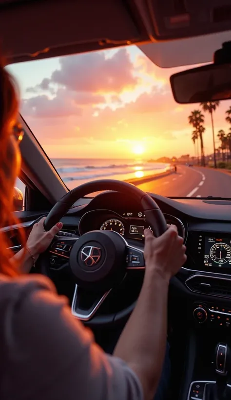 POV, first-person view of a person driving a modern car along a coastal road during a breathtaking sunset. The golden sunlight casts a warm glow over the dashboard and steering wheel, creating long, soft shadows inside the vehicle. The windshield frames a ...