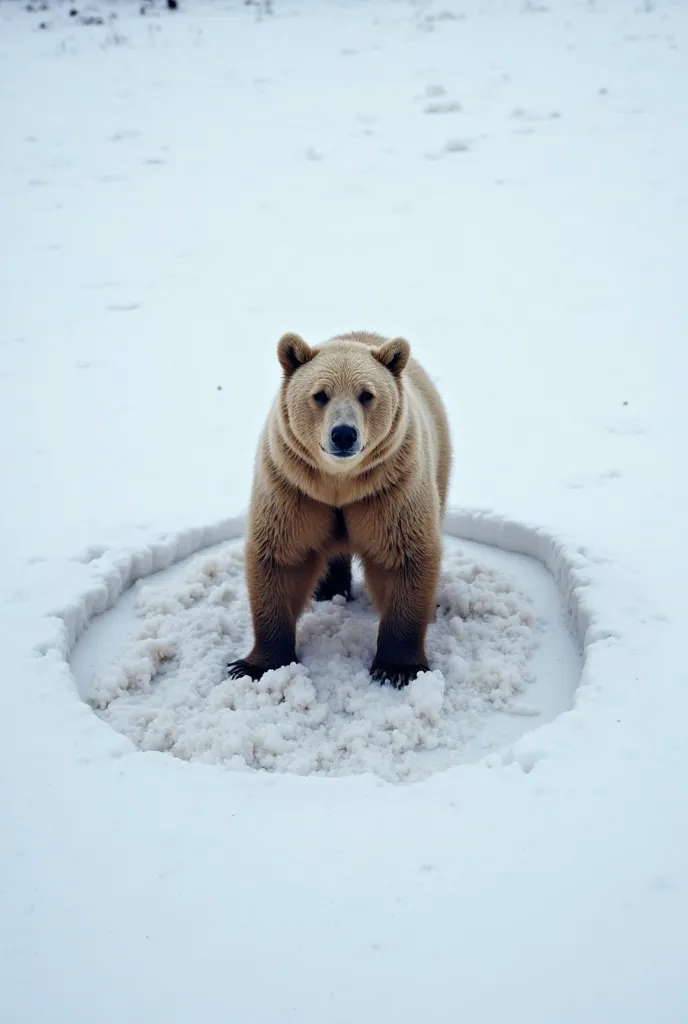 A Bear is standing alone in the snow.
It appears weak, injured, or infected, as some dark patches can be seen on its body.
The Bear is standing at the center of a circular pattern in the snow, possibly caused by movement or an external force. 