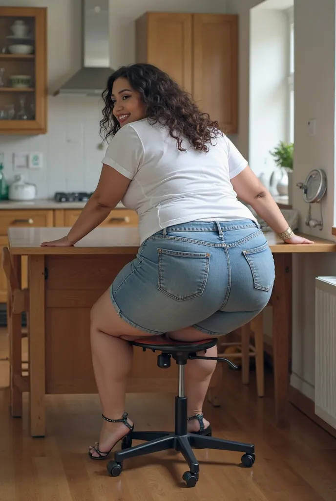 hd realistic image of curvy plus size woman, bending over, large round butt, huge ass, in the chair, both hands rested on desk, kitchen room, she is wearing white t shirt and short jeans, smiling, high heels, full body image, nsfw, seen from behind