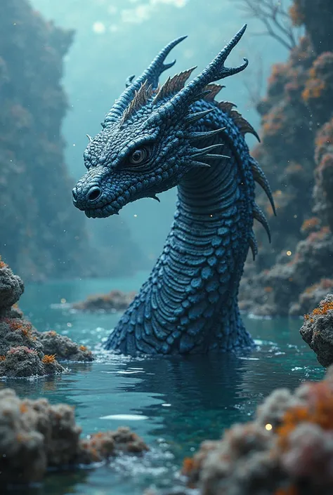 sea dragon, dark blue shiny fish scales, on the surface of seawater, black eyes, shark eyes, pacifico, rocks and sea crystals grow on it, Realistic