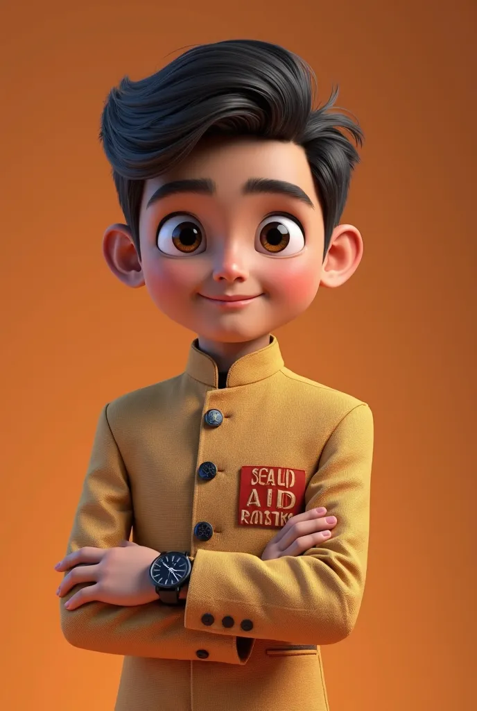 Create a photorealistic 3D animated model of a boy wearing a 3 peice suit and written "SAJID" on left chest pocket. The boy should be depicted wearing a stylish black watch on his wrist. Ensure that the animation showcases smooth movements, capturing cultu...