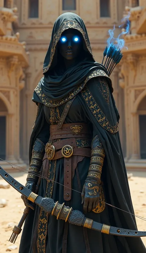 An Arab monster hunter, a mysterious figure in a black cloak with gold patterns, her face is hidden by a, and a quiver with magic arrows hanging on her belt, hood glowing blue flames. She holds a black obsidian bow. Behind is an ancient abandoned palace in...