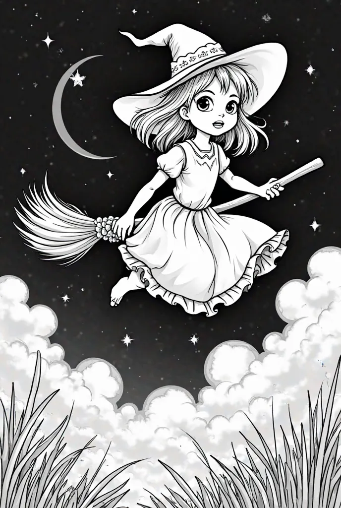 to make a black and white photo with clear lines for ren's coloring, depicting a little witch, flying on a broom