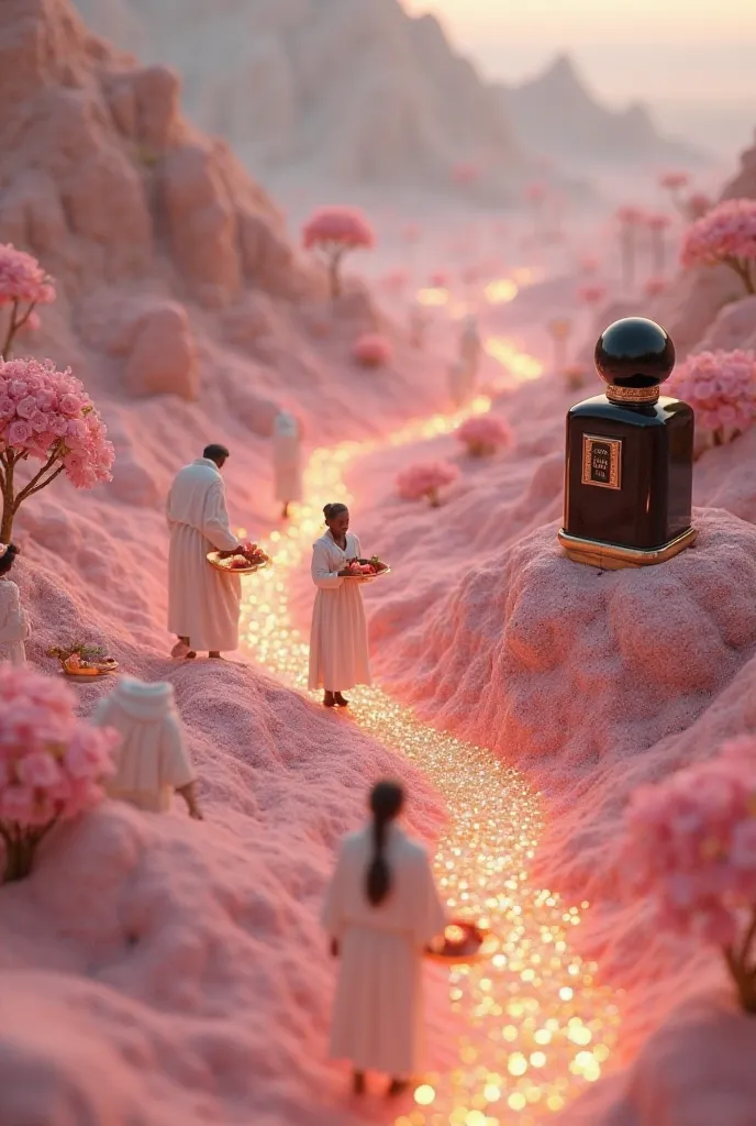 A mystical scene where tiny figures in white robes carefully collect shimmering musk pearls from a vast, dreamy landscape. Some figures gently place the pearls into golden trays, while others guide a soft, glowing mist toward a sculpted, black perfume bott...