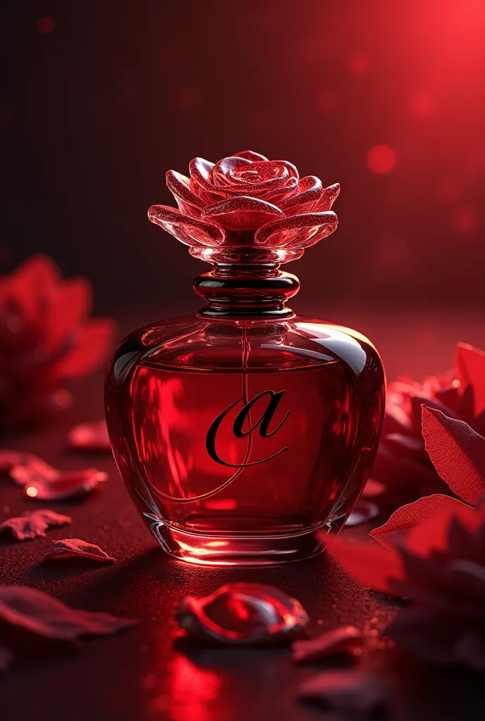 Perfume REaLISTa vermelho com a aparência bem sensual, with the lid being a glass rose and the perfume must contain the letter "a" In cursive letter 