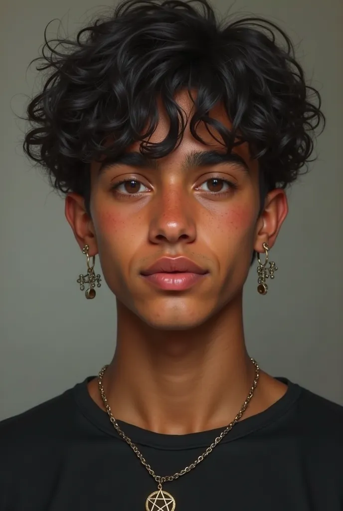 (photorealism:1.2), a 16-year-old brown-skinned boy he is Brazilian has brown eyes a potato nose very black and wavy hair with some curls, He is wearing a black shirt with a pentagram necklace, He doesn&#39;t have a beard, His face is a bit triangular, He ...