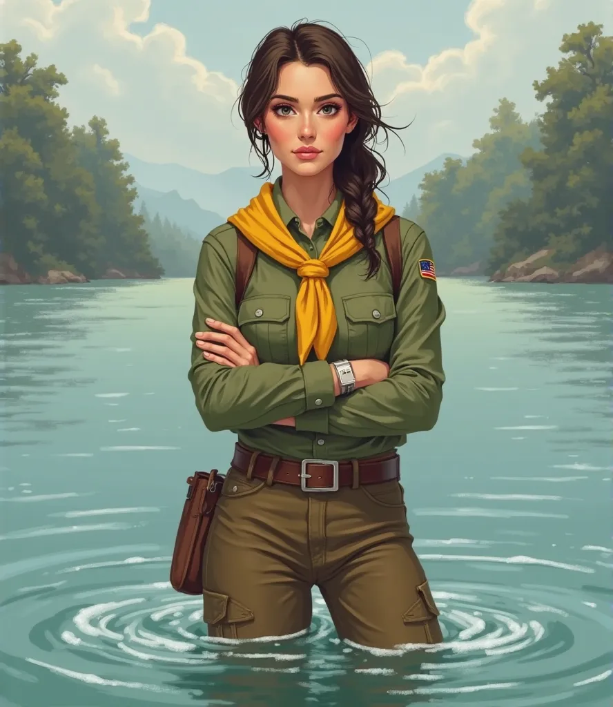 Design of a woman dressed as a guardian with pants and a long sleeve shirt.
In the middle of the water  .
Women's clothing must be brown with green, with yellow scarf around his neck , Boy Scout scarf type. The woman must have her arms crossed