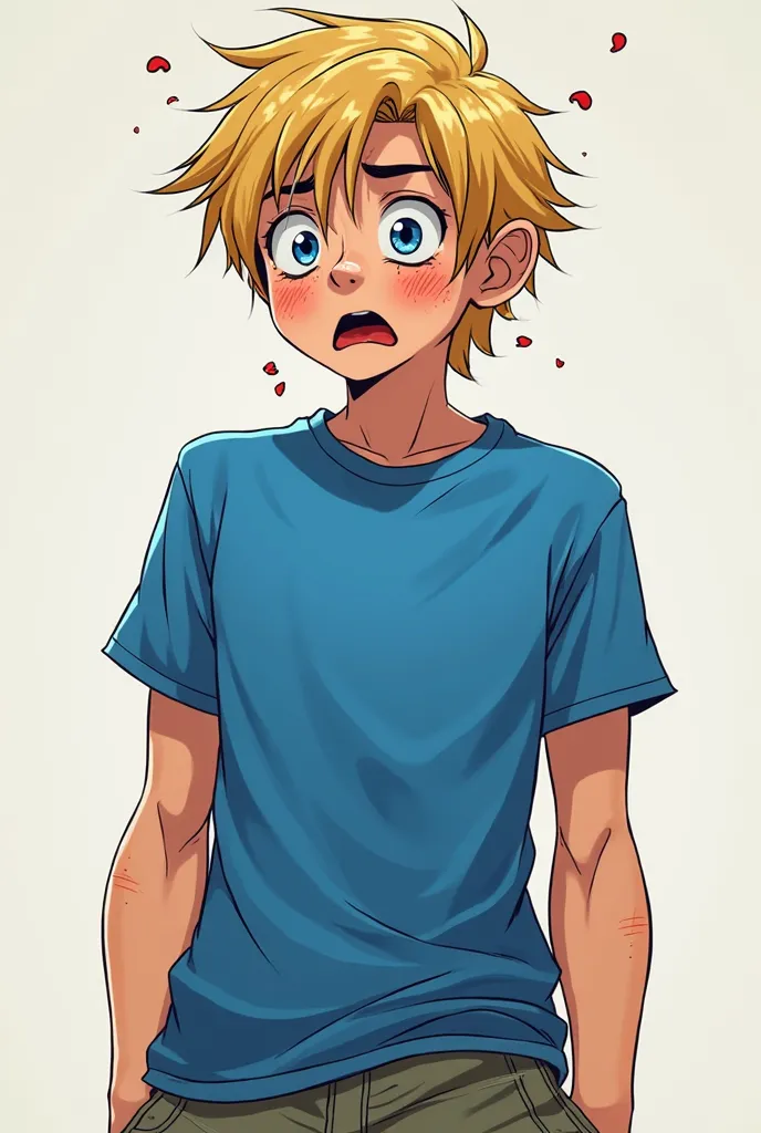 In a 3D manga style,  a handsome, athletic 20-year-old boy with blue eyes,   freckles, mid-length blonde hair, habillé d'un pantalon large de skateur et d'un tee-shirt large bleu comme ses yeux, sweating profusely, very, very stressed.