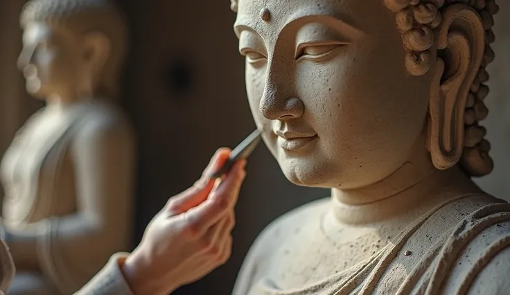 3.	A Gandharan Sculptor Chiseling a Buddha Statue With Greek-Inspired Features, Sweat on His Brow
Closed-up, hyper-realistic, vibrant, 4K HD. The fine details of the wavy hair and flowing robes emerge under his careful hands, a fusion of East and West taki...