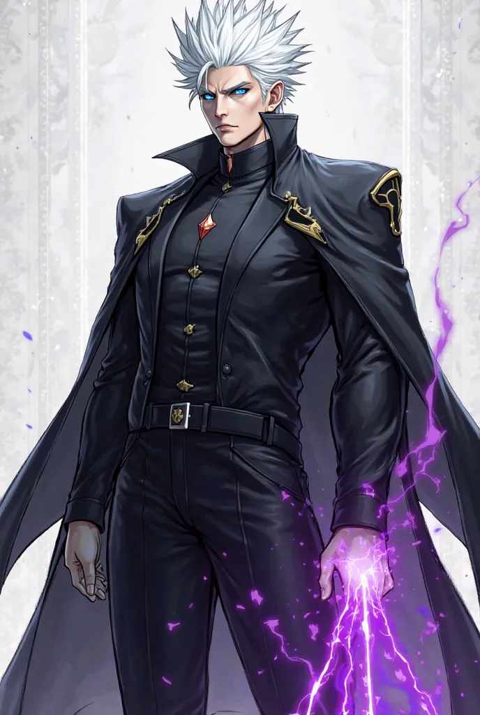 white hair , blue eyes, full body, black coat,  black pants , Purple and white rays on the right hand,  Big, spiky hair like Benimaru Nikaido from the game The King of Fighters 