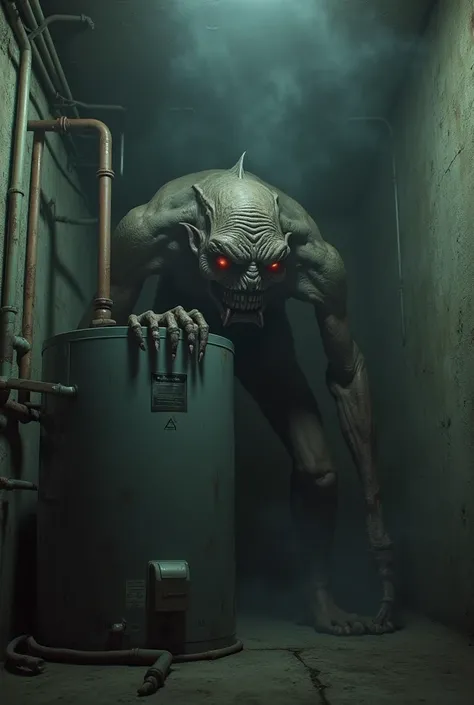 a dark and hazy basement with a disfigured creature staring from behind a water heater, nightmare, highest definition, highest detail, highest quality 