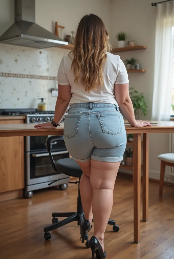 hd realistic image of curvy plus size woman, bending over, in the chair, both hands rested on desk, kitchen room, she is wearing white t shirt and short jeans, smiling, high heels, full body image, nsfw, seen from behind