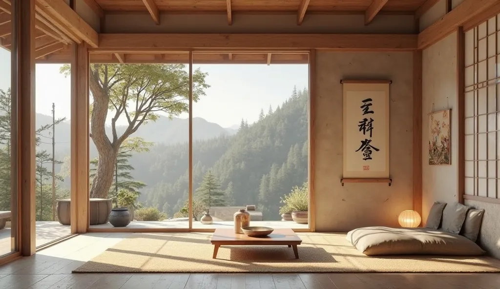 A traditional Japanese house, with few furniture, an arrangement of flowers (Ikebana) and an atmosphere of peace and harmony, representing the philosophy of ma (the space between things).