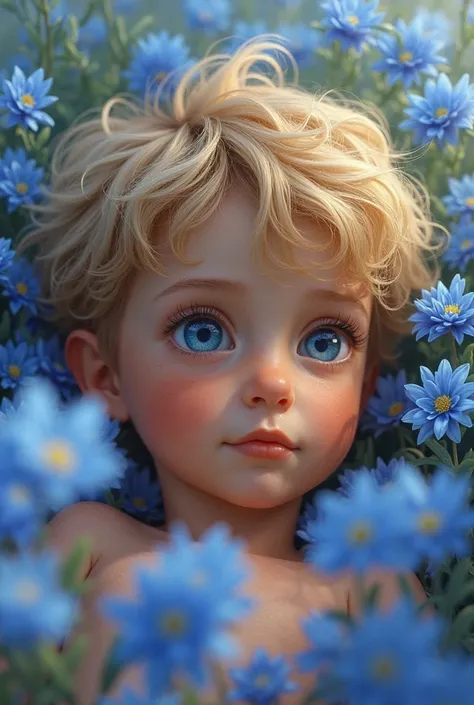 a boy with tanned skin, Blue eyes and blond hair lying among blue flowers. REAL. Zoom on the face,  Tannier skin  