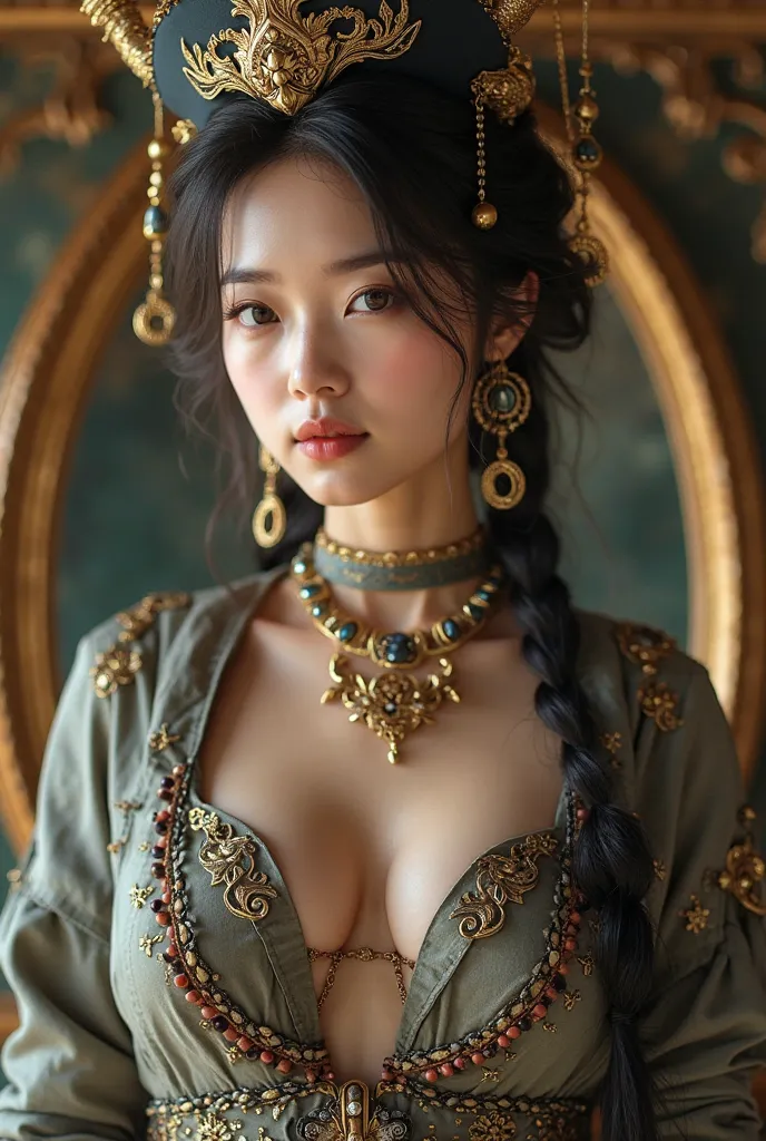 Beautiful Asian woman, 18 years.
Open chest, no buttoned shirt, Very large chest, size 45 inches,

A mirror photo of a person dressed up in a costume inspired by a fantasy or game style. The character wears a hat and gold-patterned jewelry, looking elegant...