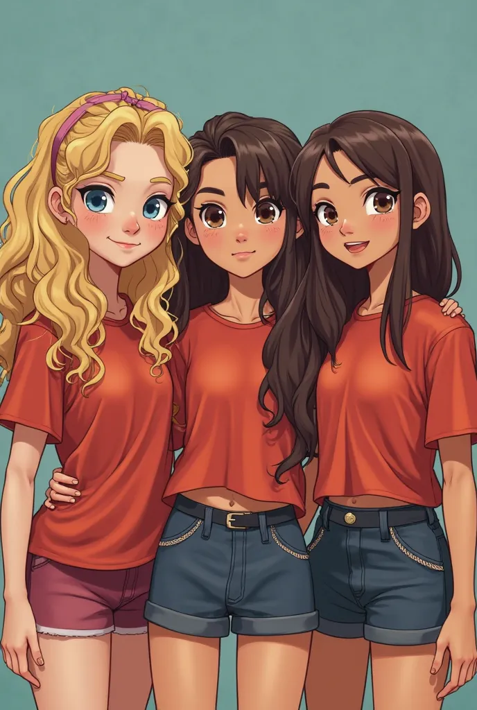 You can make me an image of three friends,  small , s, at St. Gregory's. One is the blonde with curlers, light blue eyes, another is a brunette with a tail and brown eyes, school and the other is a brunette, with loose hair and brown eyes. The three of the...