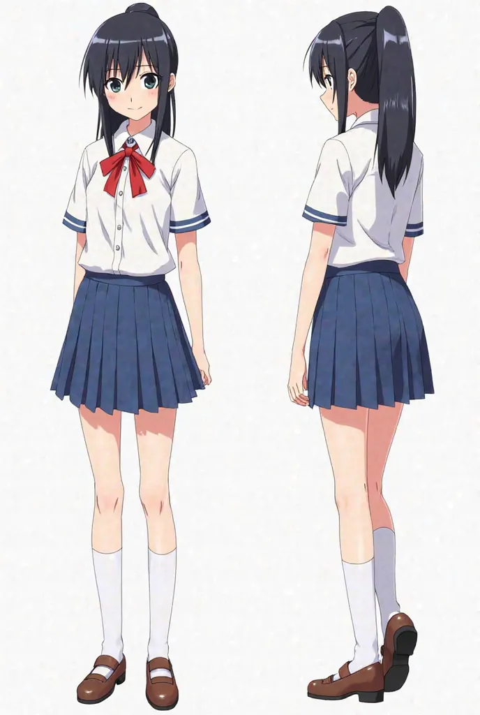 A full-body illustration of Suzume Iwato from 'Suzume no Tojimari' in anime style. The character should be depicted in different angles: front view, side view, back view, and a slight top-down perspective. She should wear her school uniform with a white bl...