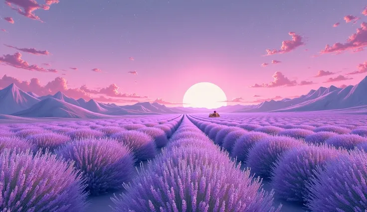 A digital illustration of a surreal lavender field, inspired by Jean Giraud (Moebius), fine-line details, smooth pastel gradients in lavender shades, cosmic dreamscape atmosphere, soft neon glow --v 5 --stylize 1000