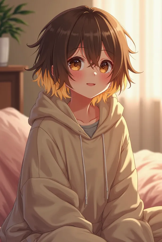 A femboy with half brown and half blonde fluffy hair in a hoodie and sweatpants