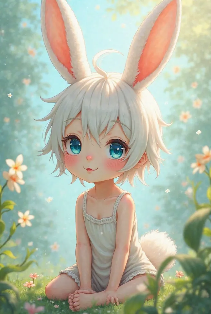 Can you draw a pretty rabbit boy with short fluffy rabbit ears. Make him pale and give him blue eyes, draw in anime style and make sure hes pretty and cute!