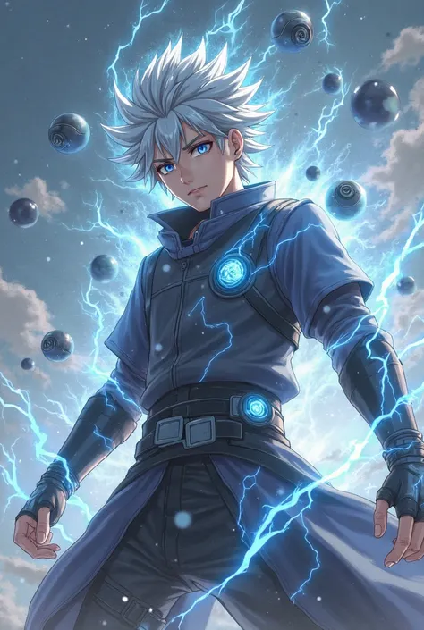 A young anime-style warrior with a transformation inspired by Naruto's Six Ways mode, but with energy and powers of gray color instead of yellow. He has disheveled gray hair,  bright eyes . He wears a glowing cold gray combat suit. The 6 black wish spheres...