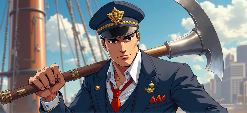 Make a brownskin anime character in a tie and suit and a sickle and captain's hat