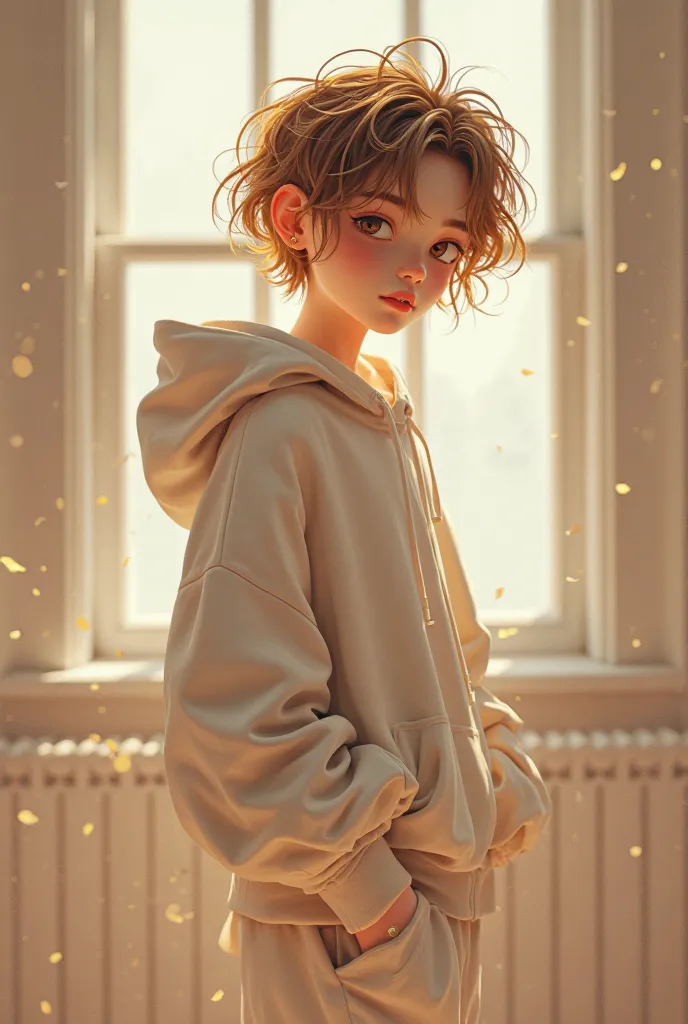 A femboy with half brown and half blonde fluffy hair in a hoodie and sweatpants. Male