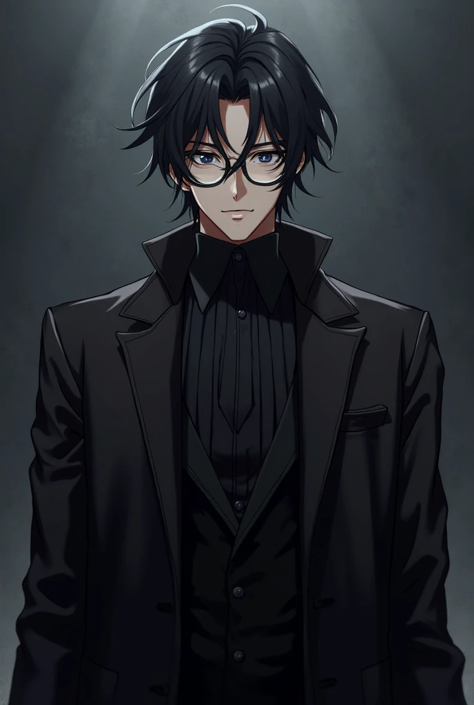 A tall and serious anime male character with glasses andwith a strong, chiseled jawline and sharp, intense eyes. His dark hair is slightly messy but well-kept, adding to his mysterious aura. He wears a sleek, dark outfit—perhaps a long coat or a fitted sui...