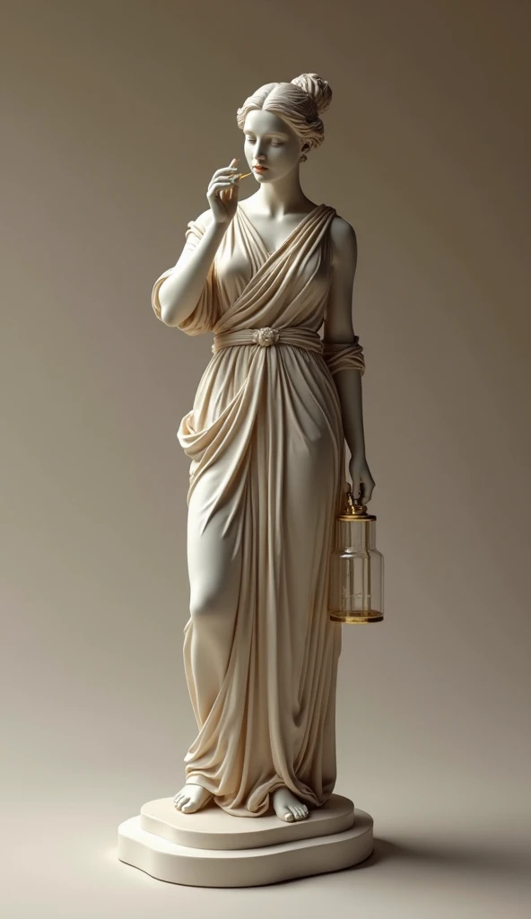 Antique sculpture of a woman in an elegant Greek dress, who holds a small square perfume in her hand and points it at herself with one hand