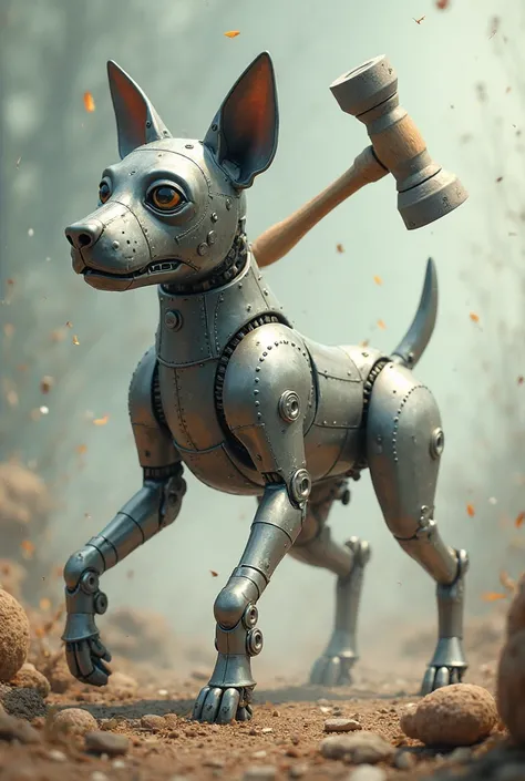 a landscape portrait of a metal dog getting hit with a hammer