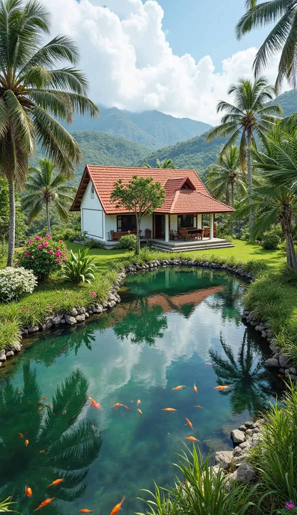 Photo of a country house surrounded by a pond and green lawn garden,house wall in white,some fish in the pond,red tile house roof,simple house indonesia,coconut tree,tall fountain,Many flowers,green rice field , mountain, 4k image quality, Bright Color 