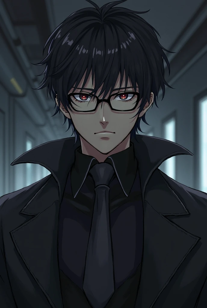 A tall and serious anime male character with glasses andwith a strong, diamond face shape jawline and sharp, intense eyes. His dark hair is slightly messy but well-kept, adding to his mysterious aura. He wears a sleek, dark outfit—perhaps a long coat or a ...