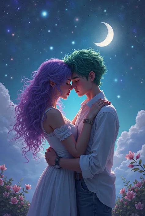 An image of Sanity7 woman with curly purple hair with pink with Ballery man short green hair with green kissing with starry landscape And the moon above