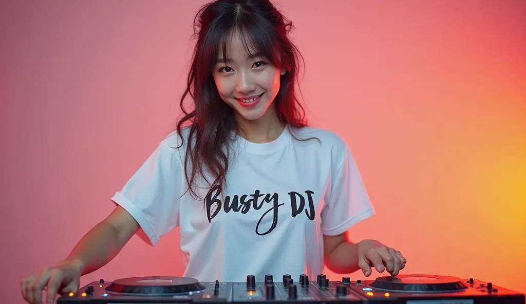 Beautiful Asian woman, wearing a white t-shirt that says busty DJ, The woman is playing a DJ instrument, focus on the DJ woman, smiling at the camera