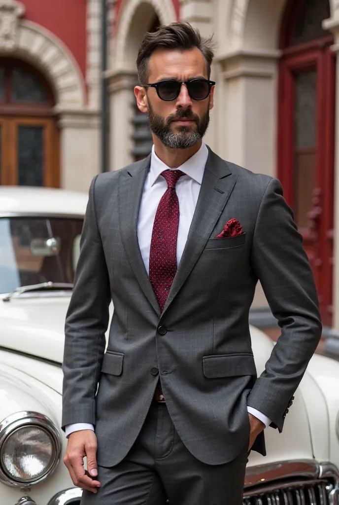 A stylish man wearing a dark gray suit, white shirt, and a burgundy tie with polka dots. He is posing confidently next to a vintage white and red car. The setting features an elegant historical building with intricate red and white architecture and decorat...