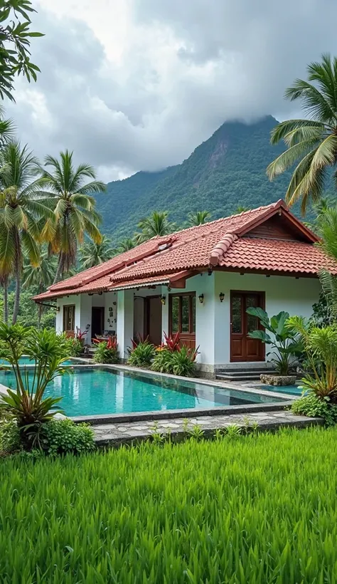 Foto sebuah rumah perkampungan di kelilingi pool  dan taman rumput hijau,house wall white color,pool ,red tile house roof,simple house indonesia,coconut tree,,Many flowers,green rice field , mountain, 4k image quality, Bright Color 