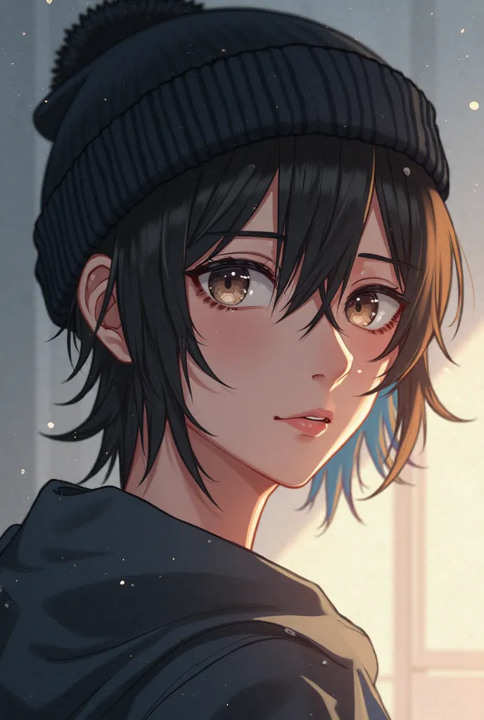 anime character light skinned man with black beanie amd brown hair shoulder length