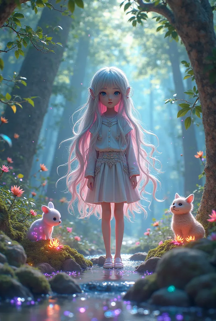 Create a highly detailed 3D art illustration of ZER0, a young girl embodying the essence of nature and magic in a fantastical world. ZER0 should stand in the heart of an enchanted forest, surrounded by towering ancient trees with luminous leaves that softl...