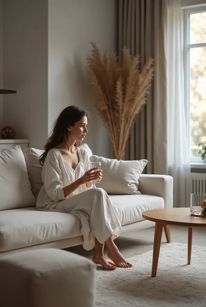 a beautiful girl is sitting in a scandinavian design room, the girl is sitting on the sofa, holding a glass of water and watching tv. The view across the room, seeing the whole living room. Wide angle lens space to see the room