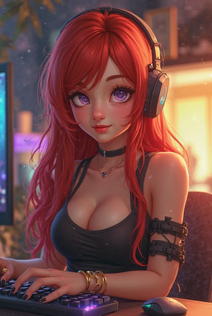 CUTE RED-HAIRED FEMALE GAMER CHARACTER 