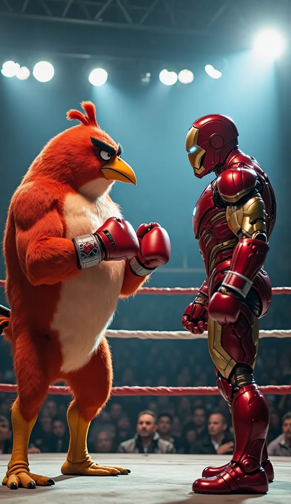 A cinematic face-off inside a boxing ring between a muscular and buff Angry Bird on the left and Iron Man on the right. The Angry Bird, with its massive, well-defined muscles and fierce expression, stands in an aggressive stance, its red boxing gloves clen...