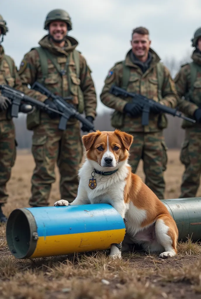 please generate a photo, where a broken hazel ballistic missile lies on the ground, and next to her is Jack Russell a dog with a bulletproof gun with the Ukrainian flag, and several Ukrainian servicemen, next to her who are laughing at this missile, the Ru...